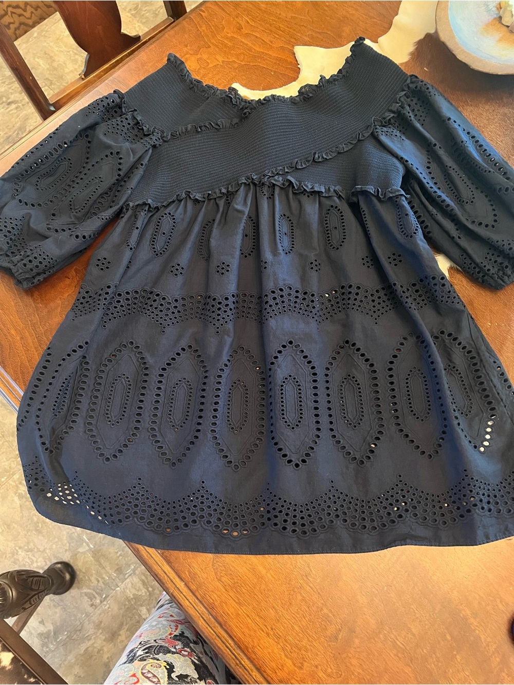 Anthropologie Navy Eyelet Ruffled Babydoll Top